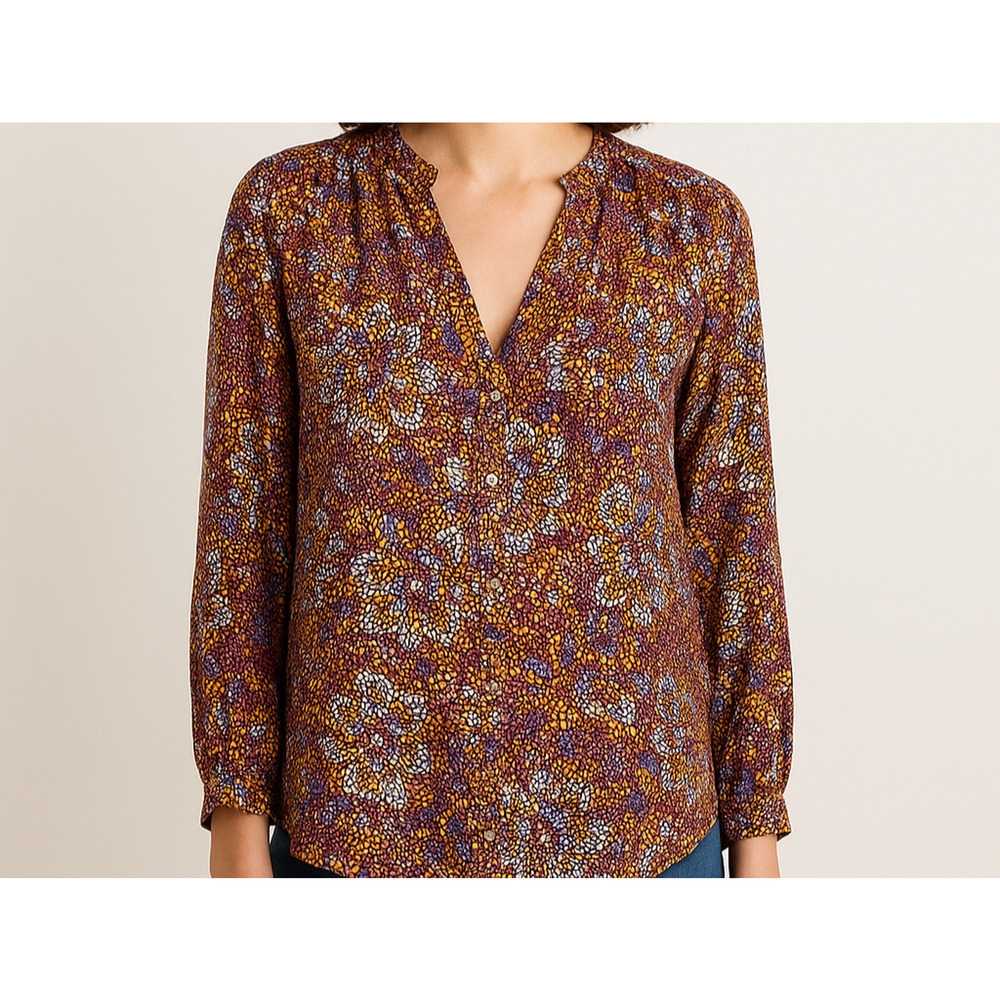 Anthro Maeve Mosaic Print Blouse S Boho Peasant V Neck Balloon Sleeve